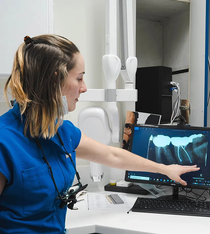 Dentist pointing to a dental X-ray on a monitor