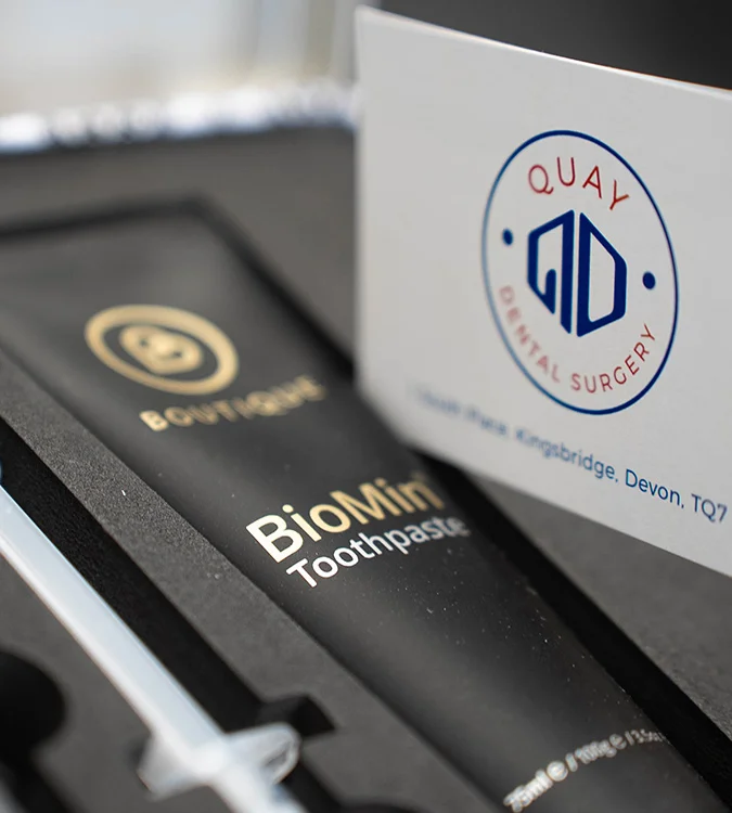BioMin toothpaste and whitening products with Quay Dental branding